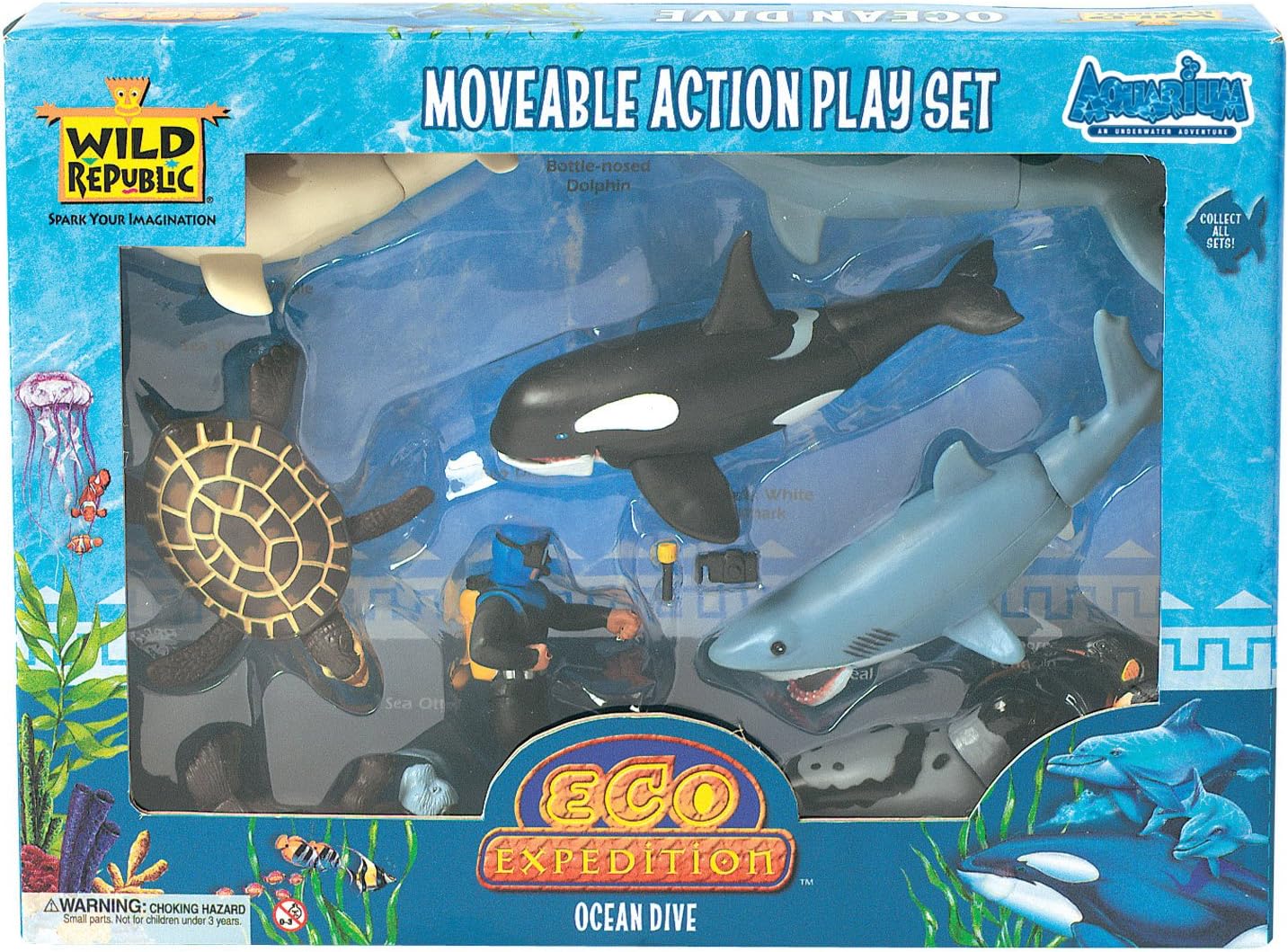 Wild Republic Ocean Dive Eco Expedition, Great White Shark, Sea Turtle, Sea Otter, Beluga Whale, Dolphin, Orca, Seal, Penguin, Oceanographer, Camera, Flashlight, 11 Piece Set