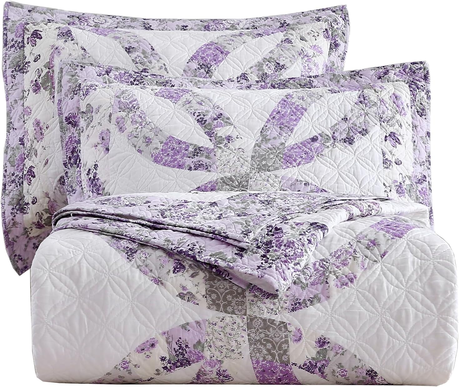 vctops Elegant Floral Pattern Cotton Quilted Bedspread Coverlet Set Oversize Queen 3 Pieces Patchwork Reversible Embroidered Bedspread Quilt Set for All Season (Purple,96"x110")