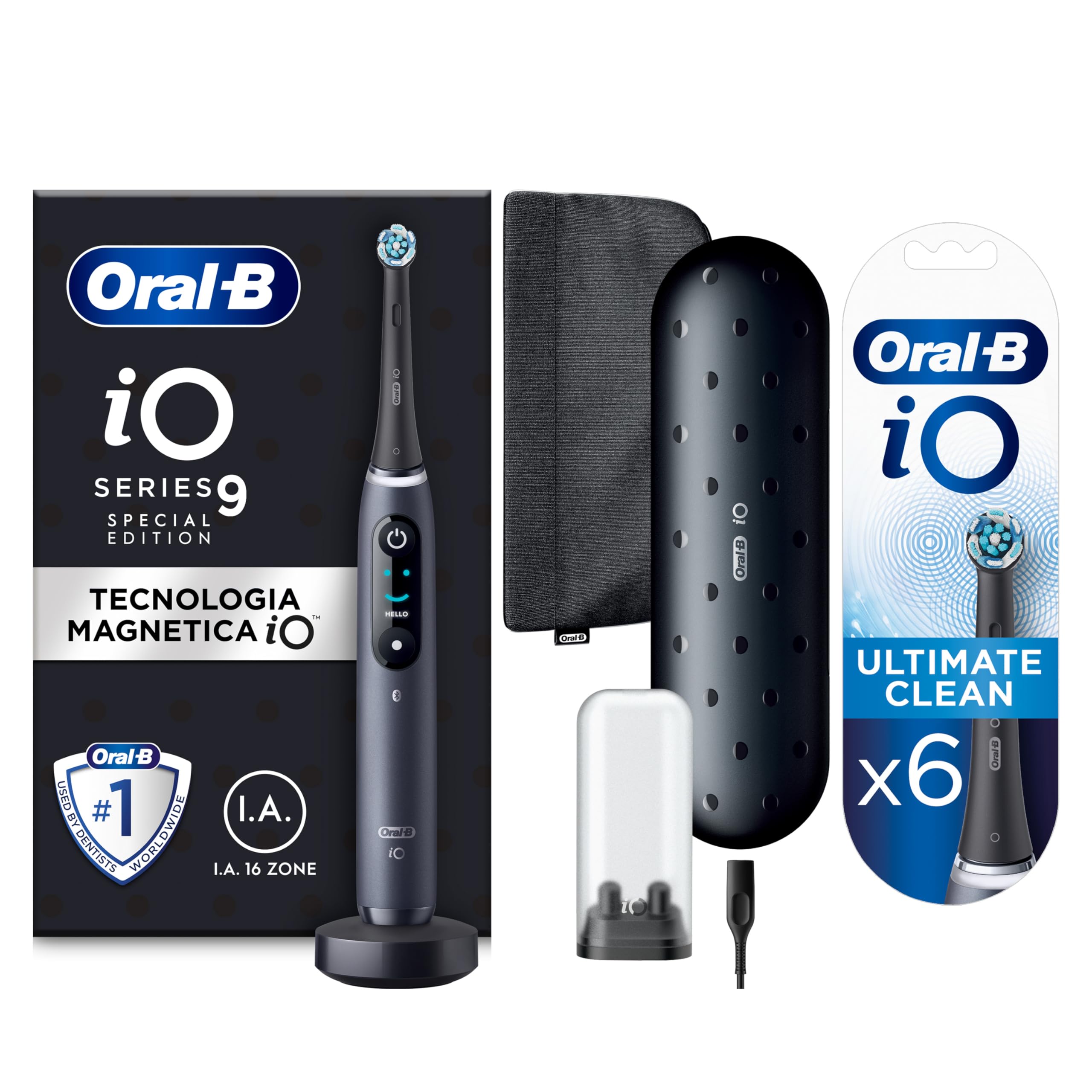 Oral-B Spazzolino Elettrico Ricaricabile iO 9 e Ultimate Clean Testine Spazzolino Elettrico, 1+6 Testine, 1 Spazzolino, Sensore di Pressione, Display Interattivo, Intelligenza Artificiale, 7 Modalità, Custodia da Viaggio, Nero, Idea Regalo