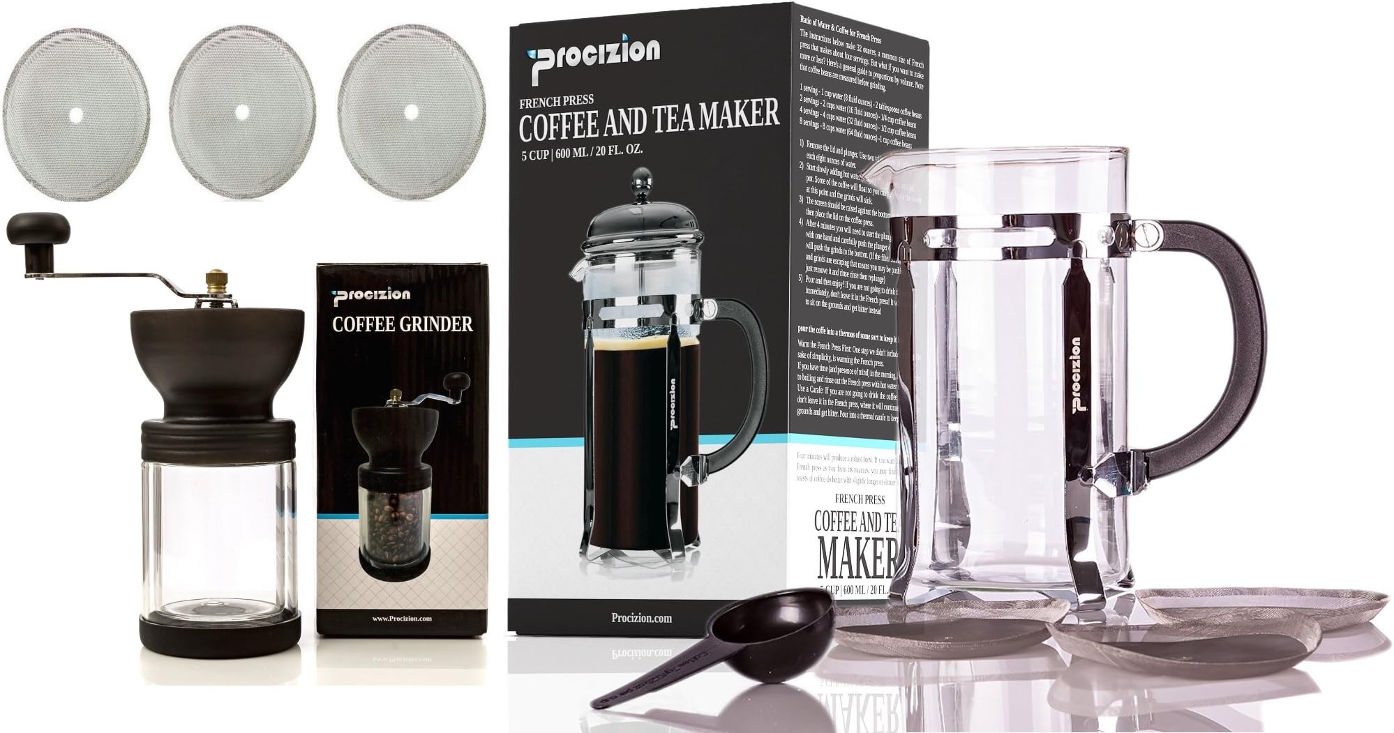 Coffee Gift Sets - Includes French Press Coffee and Expresso Maker (20oz), Coffee Burr Grinder & Universal Replacement Filters for Coffee, Expresso & Tea - All in One Coffee Bundle