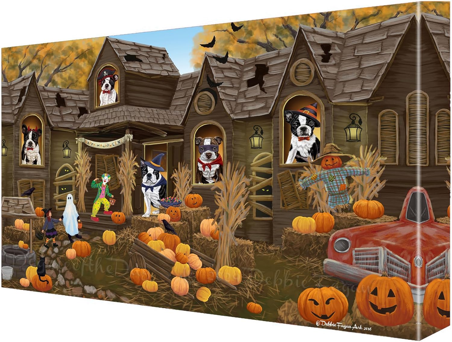 Doggie of the Day Haunted House with Boston Terrier Dogs Canvas Wall Art - Premium Quality Ready to Hang Room Decor - 1.5" Thick Canvas Wrap 8" x 10"