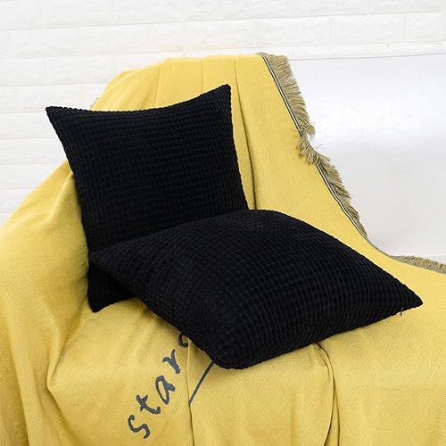 Miniatura 5 de HWY 50 Juego de 2 fundas de almohada decorativas de pana suave y sólida de 16 x 16 pulgadas, para sofá, con textura de maíz, color negro