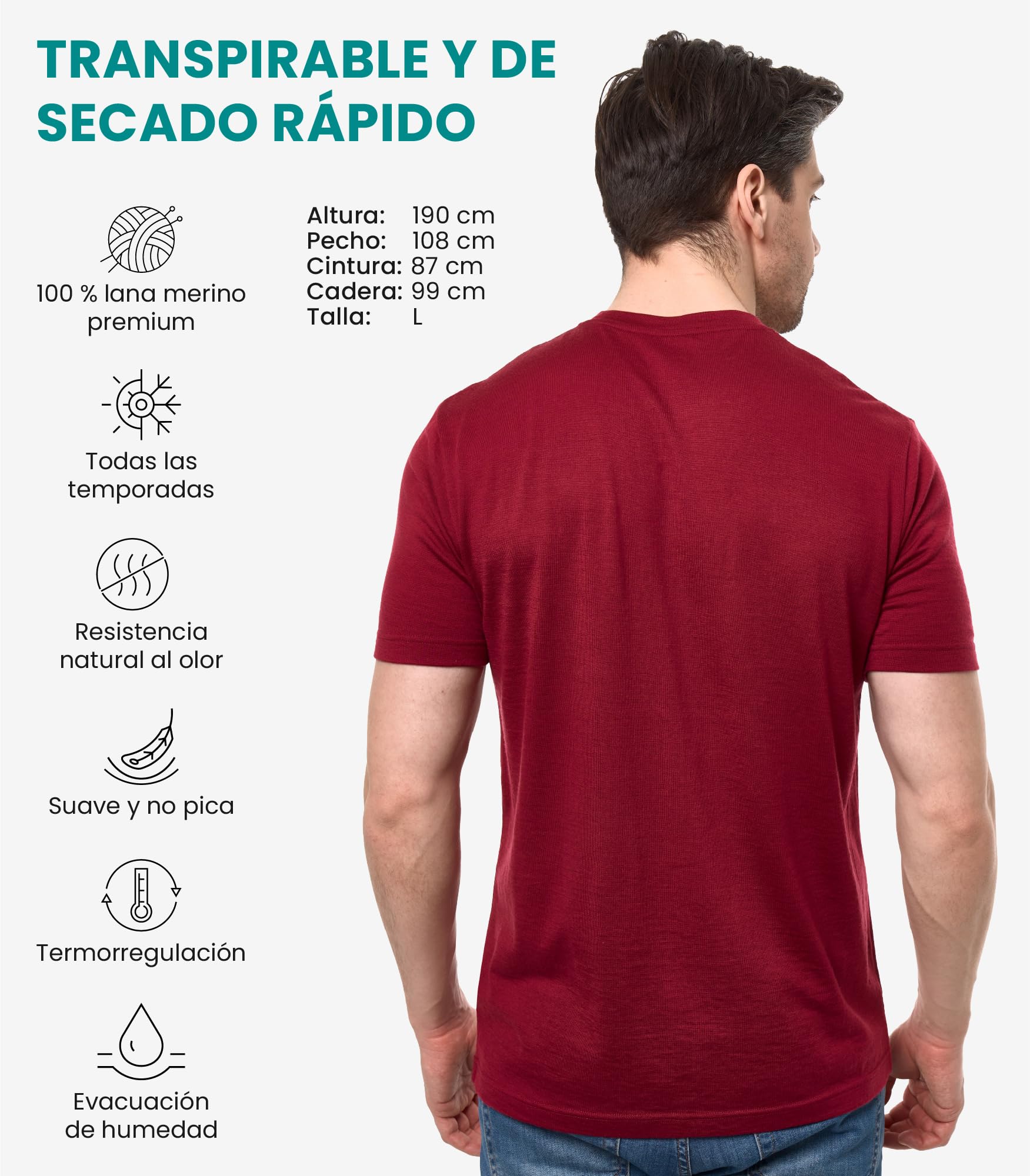 Merino.tech Camiseta Interior de Lana Merino 100% para Hombre (Large, Dark Red)