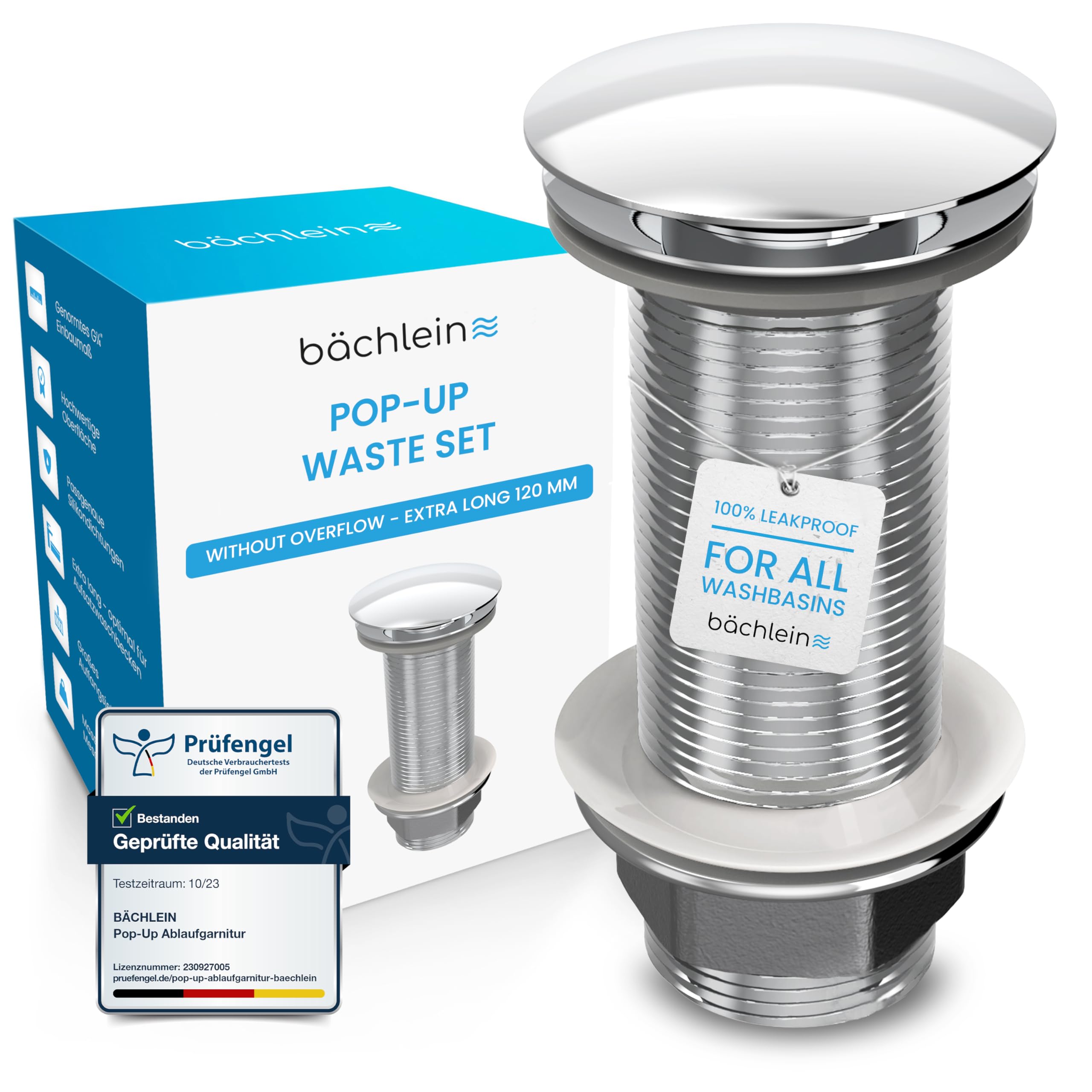 Bächlein Chrome (Extra Long) - Without Overflow Universal Extra Long Drain Without Overflow (Chrome) Pop Up Valve For Countertop Basin