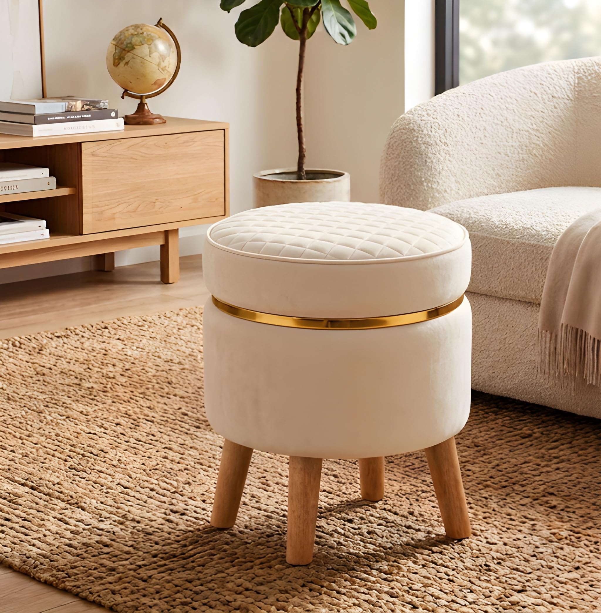 Ottoman Stool for Living Room | Velvet Foot Rest | Makeup Vanity Seat with Solid Wood Legs & Gold Ring | Round Cushioned Ottoman for Bedroom & Dressing Table | Cream Ivory-image-49