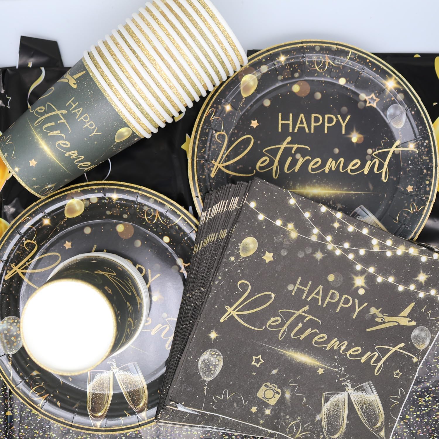 Set di 61 stoviglie per feste in pensione, decorazioni per feste di addio, accessori per decorazione per feste in oro, stoviglie in pensione per 20, Happy Farewell, piatti di carta broccato, tazze di