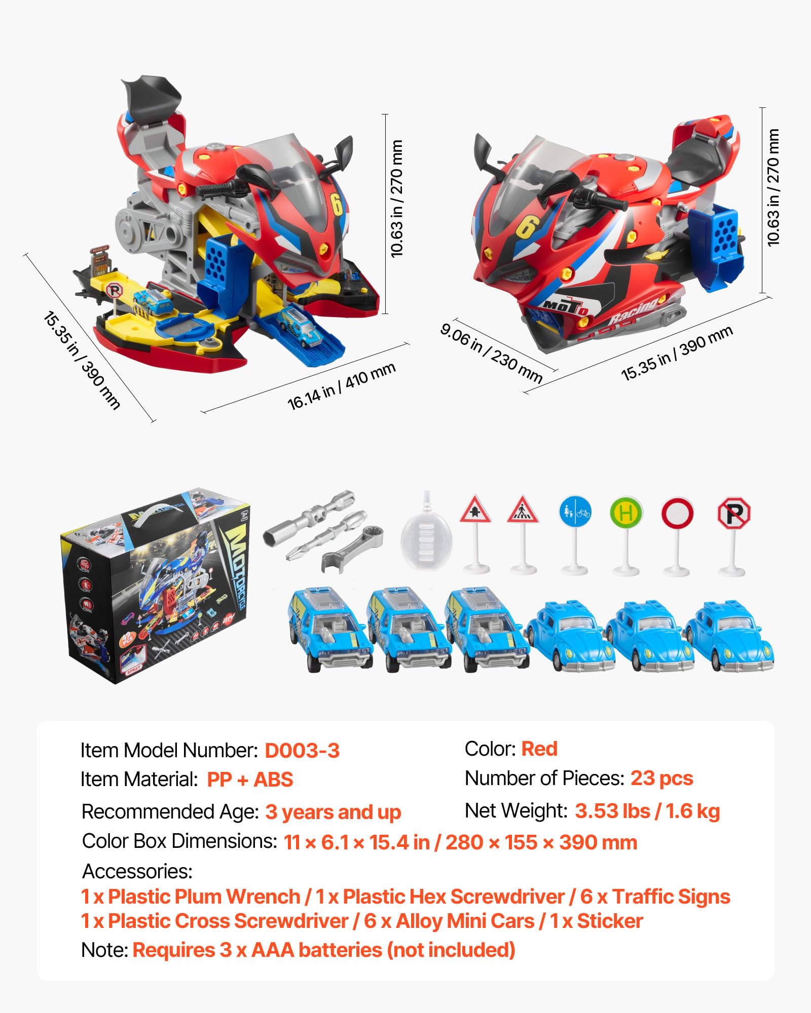 VEVOR Motocykl Motor Toy 25 sztuk Mechaniczna Zabawka Z Zdejmowanymi Częściami Światła i Dźwięki Dla Dzieci Od 3 lat Czerwony