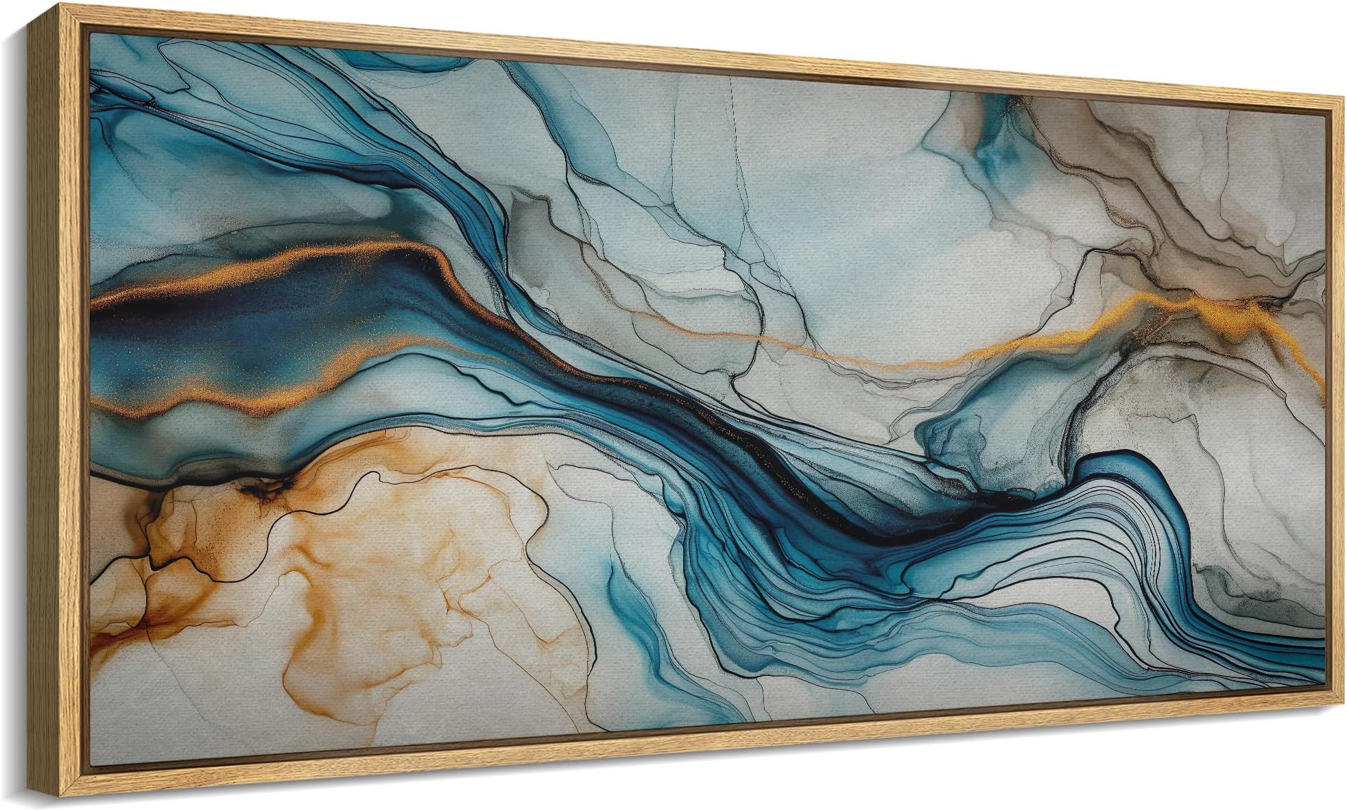 SIGNFORD Extra Large Framed Canvas Print Wall Art Abstract Blue and Gold Marble Texture Illustrations Modern Art Calm Warm for Living Room, Bedroom, Office - 60"x30"