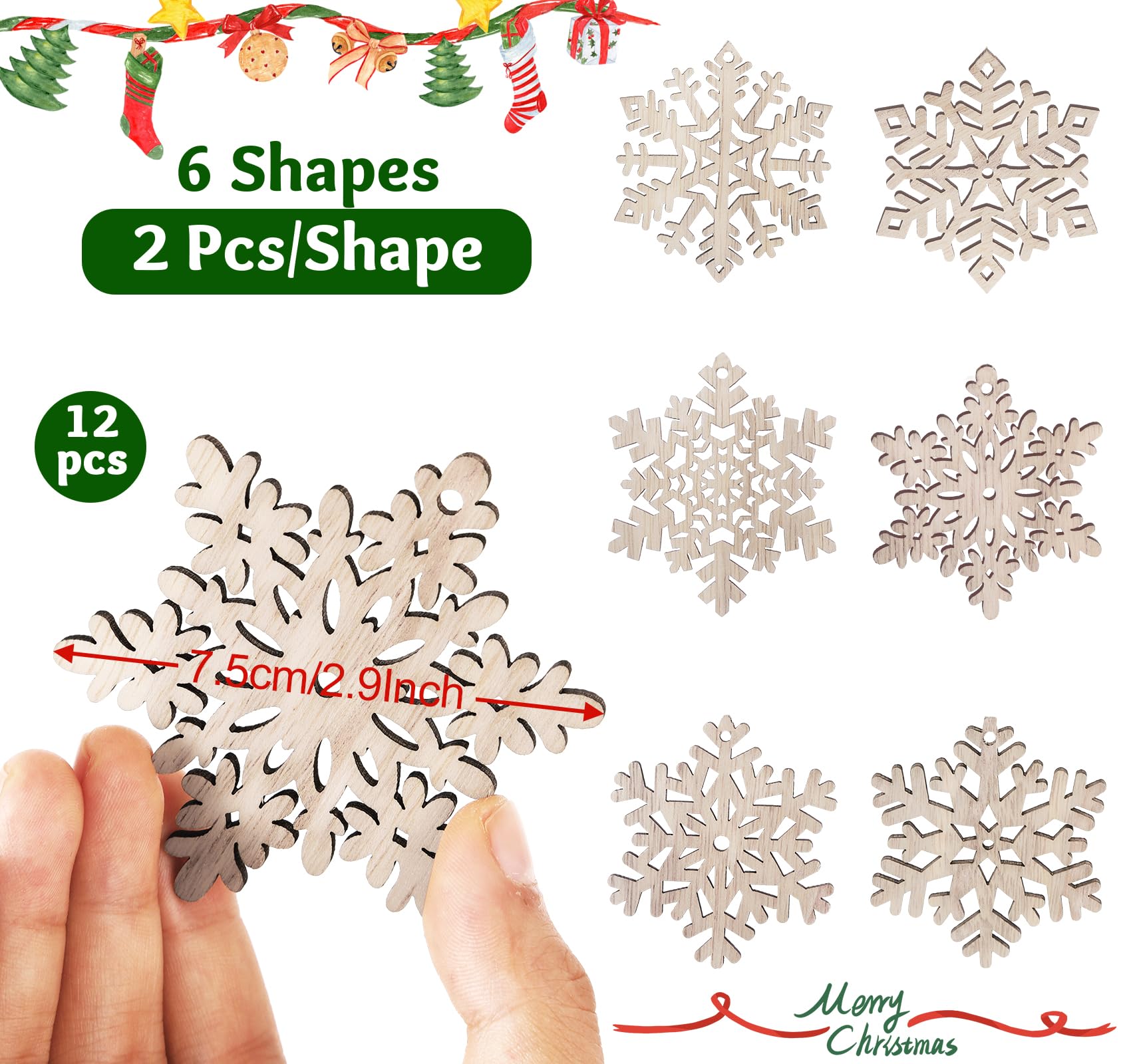 200 Stück Holz Schneeflocken Dekoration - Naturholz Weihnachtsbaum Deko | 15cm, 11cm, 4cm Größen