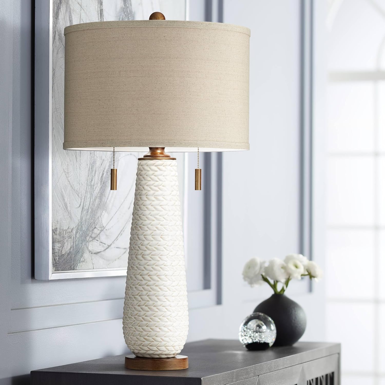 Possini Euro Design Kingston Mid-Century Modern Table Lamp with USB Charging Port 32.75" Tall White Ceramic Taupe Fabric Drum Shade for Living Room Bedroom House Bedside Nightstand Home Office