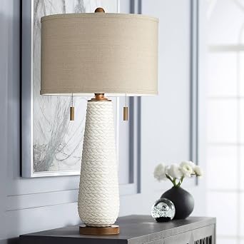 Possini Euro Design Kingston Mid-Century Modern Table Lamp with Dimmer and USB Charging Port 32.75" Tall White Ceramic Taupe Fabric Drum Shade for Living Room Bedroom House Bedside Nightstand Home