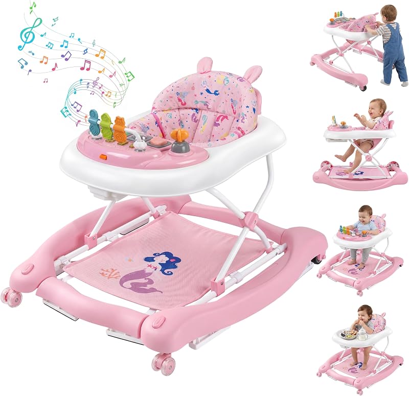 Andador plegable 5 en 1 con ruedas, combo de hamaca con música y luces, balancín, centro de actividades para bebés, niños y niñas, velocidad y altura ajustables durante 6 a 18 meses (rosa)
