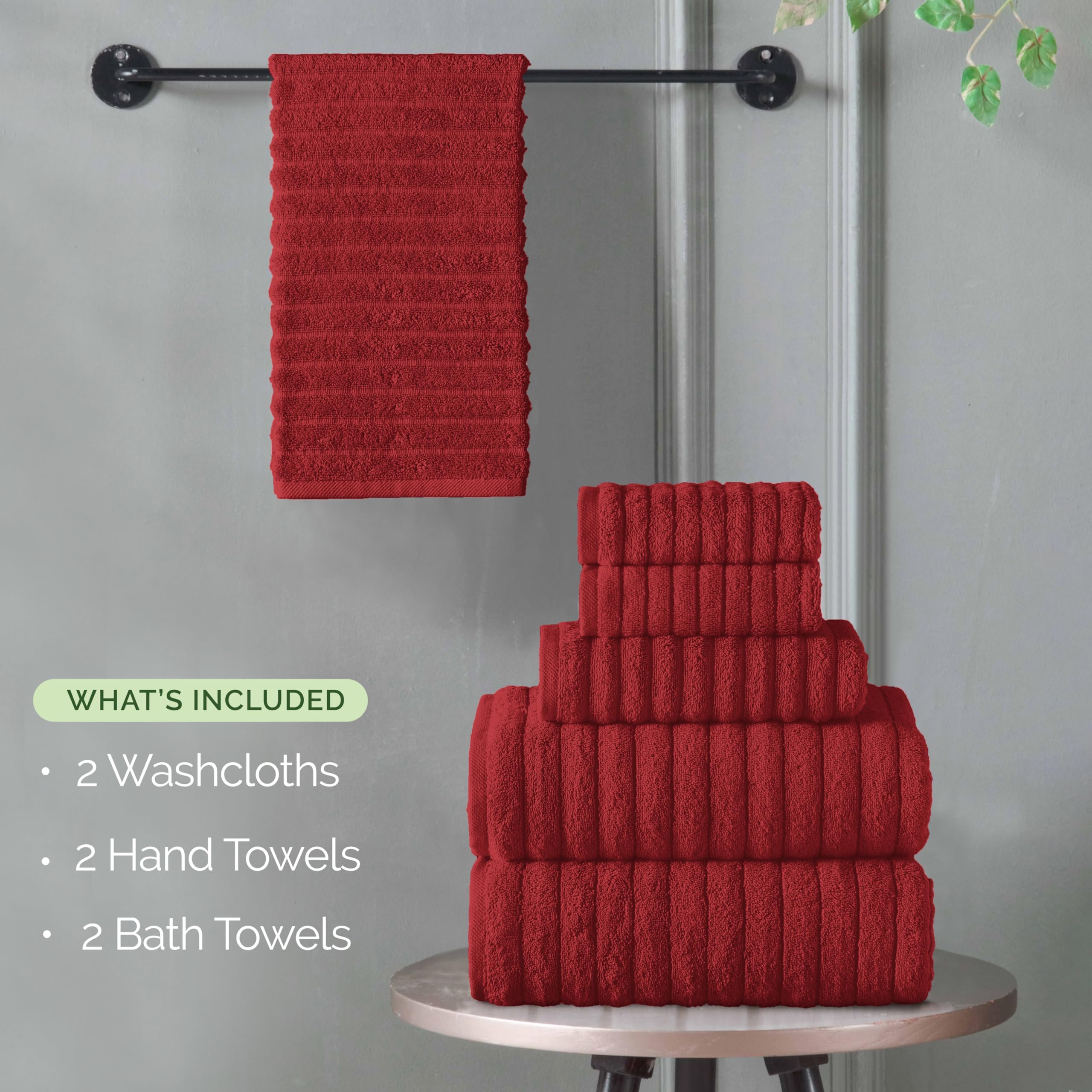 Elegant Comfort 100% Turkish Cotton Corduroy Ribbed Luxury Bath Towels 6-Piece Set, Premium Feel - Quick Dry, Highly Absorbent, Contains 2 Bath Towels, 2 Hand Towels, and 2 Washcloths, Burgundy