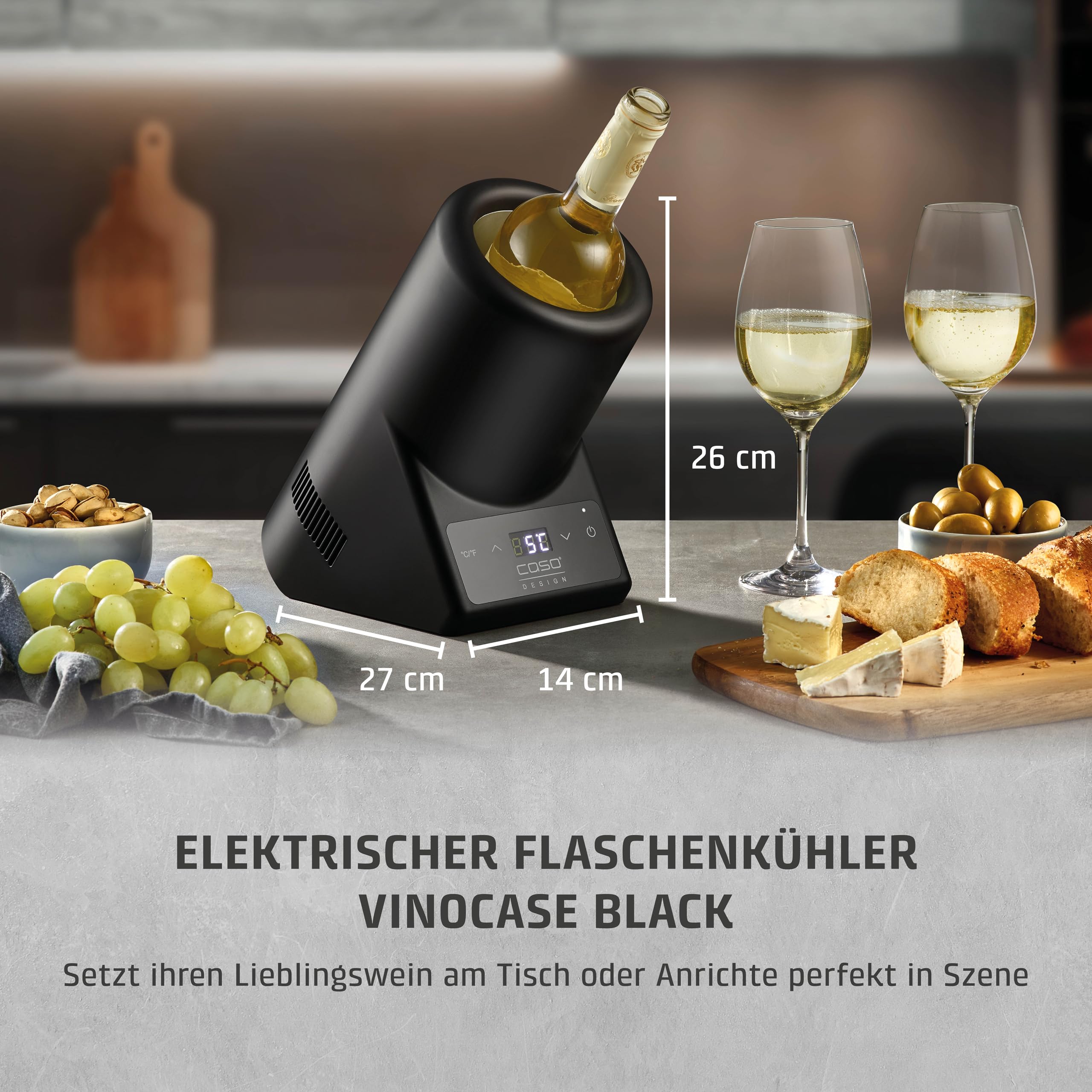 CASO VinoCase Black - Weinkühler für eine Flasche Wein, Champagner, Sekt, etc. / Temperatur 5-18°C/für Flaschen bis 9 cm Ø/Getränkekühler/Leise im Betrieb