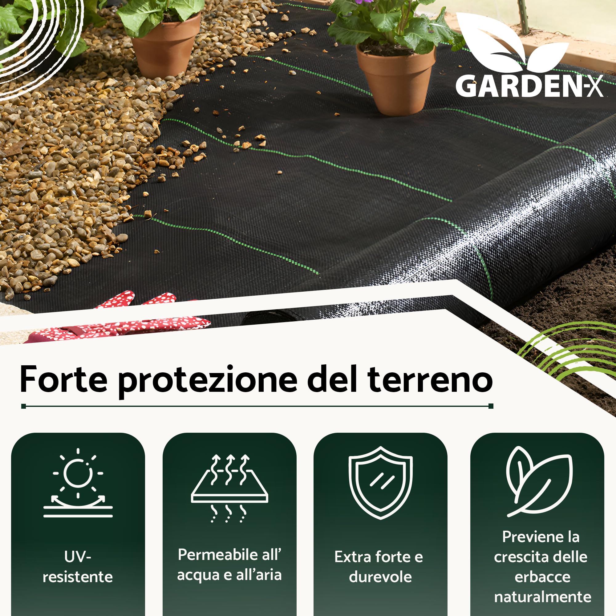 GARDENIX Telo anti-erbacce con 50 ancore 16m² (1,6m x 10m) - Permeabile all'acqua 110g/m² - Nero resistente ai raggi UV, tessuto anti-erbacce, protezione del suolo, tessuto sottoscocca