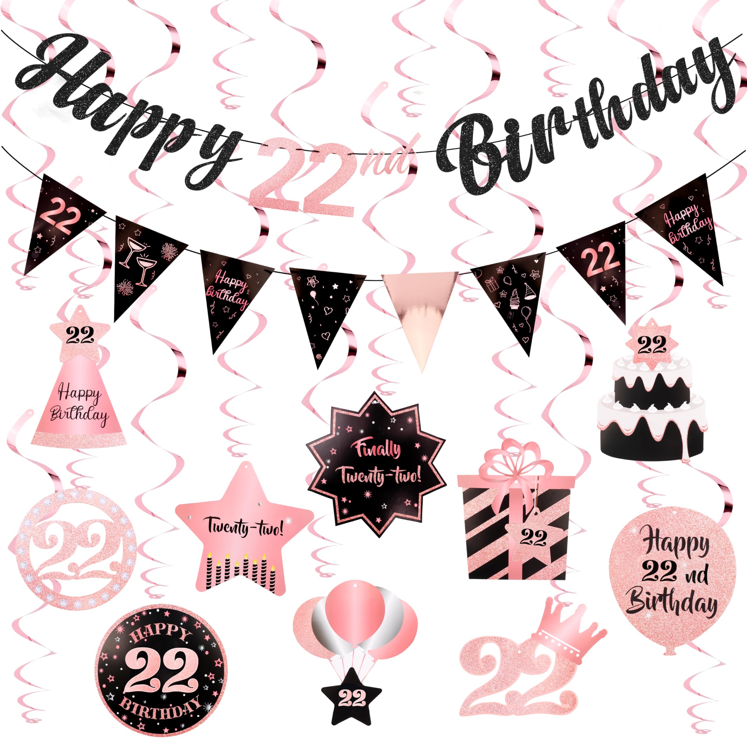22nd Birthday Decorations for Her Rose Gold Pink Pre Strung Happy 22nd Birthday Banner and Hanging Swirls 22 Year Old Party Decorations Supplies