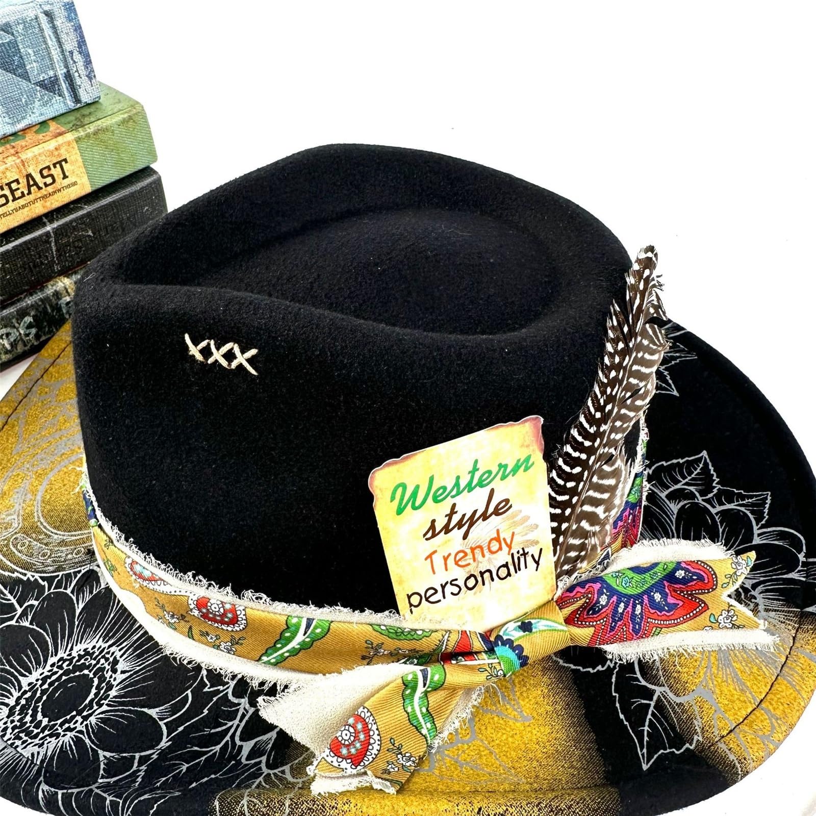 Cappello da Cowboy da Donna con Vernice Spray Sfumata, Tesa Larga con Piuma e Nastro, Feltro Morbido per Matrimoni e Feste