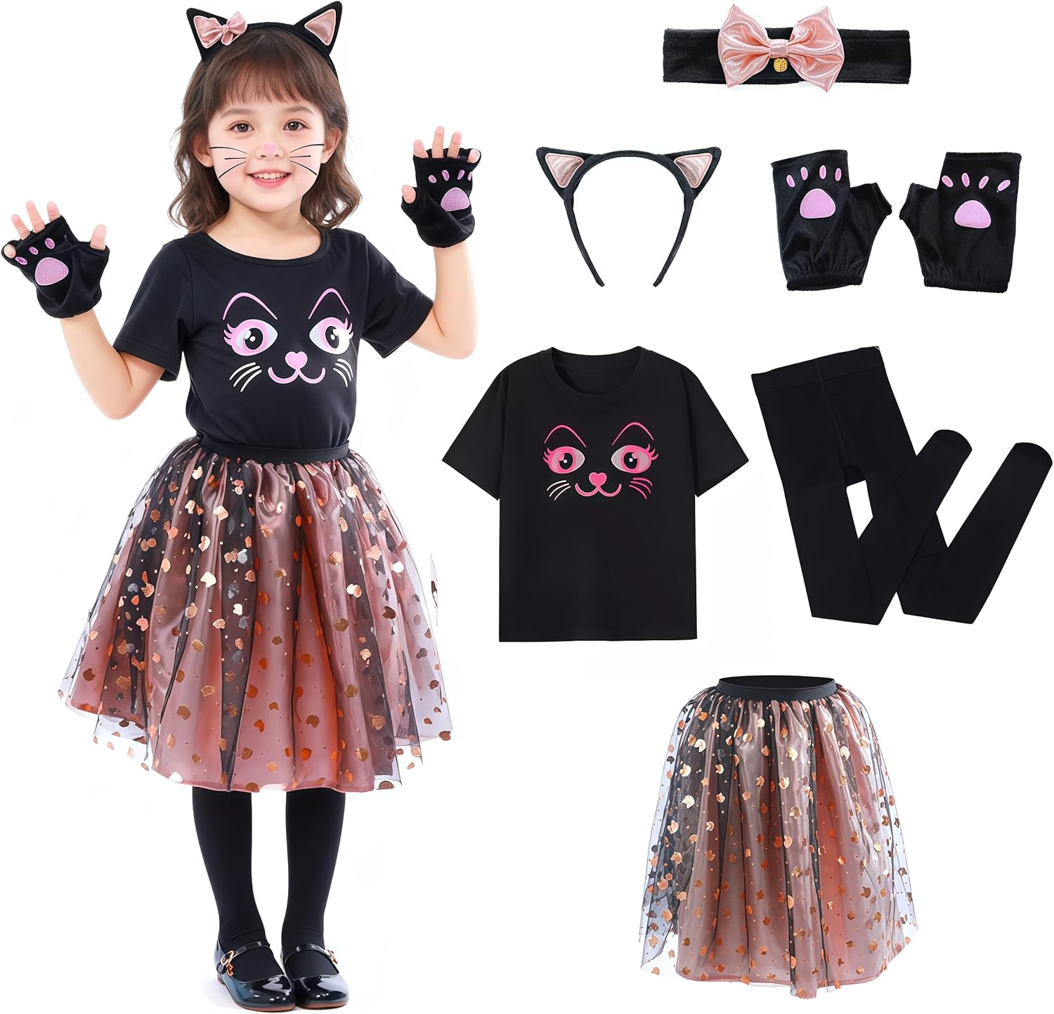 Halloween Black Cat Costume for Girls with Pink Tutus, Cat Ears Headband and Tail, Bow Collar