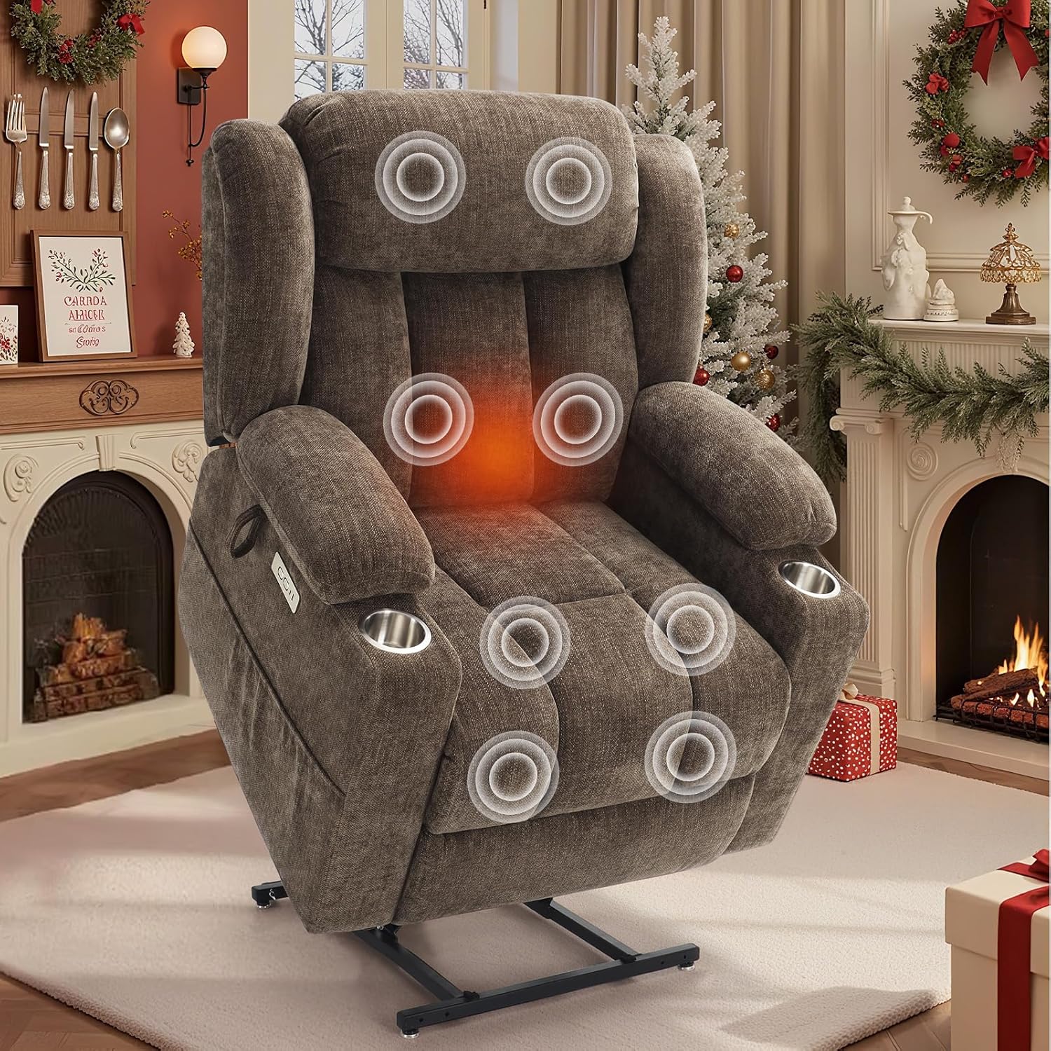 Large Power Lift Recliner Chair for Elderly with Massage & Lumbar Heating, Lay Flat Chenille Living Room Chair with USB Type-C Cup Holders, 400 LBS Support Brown