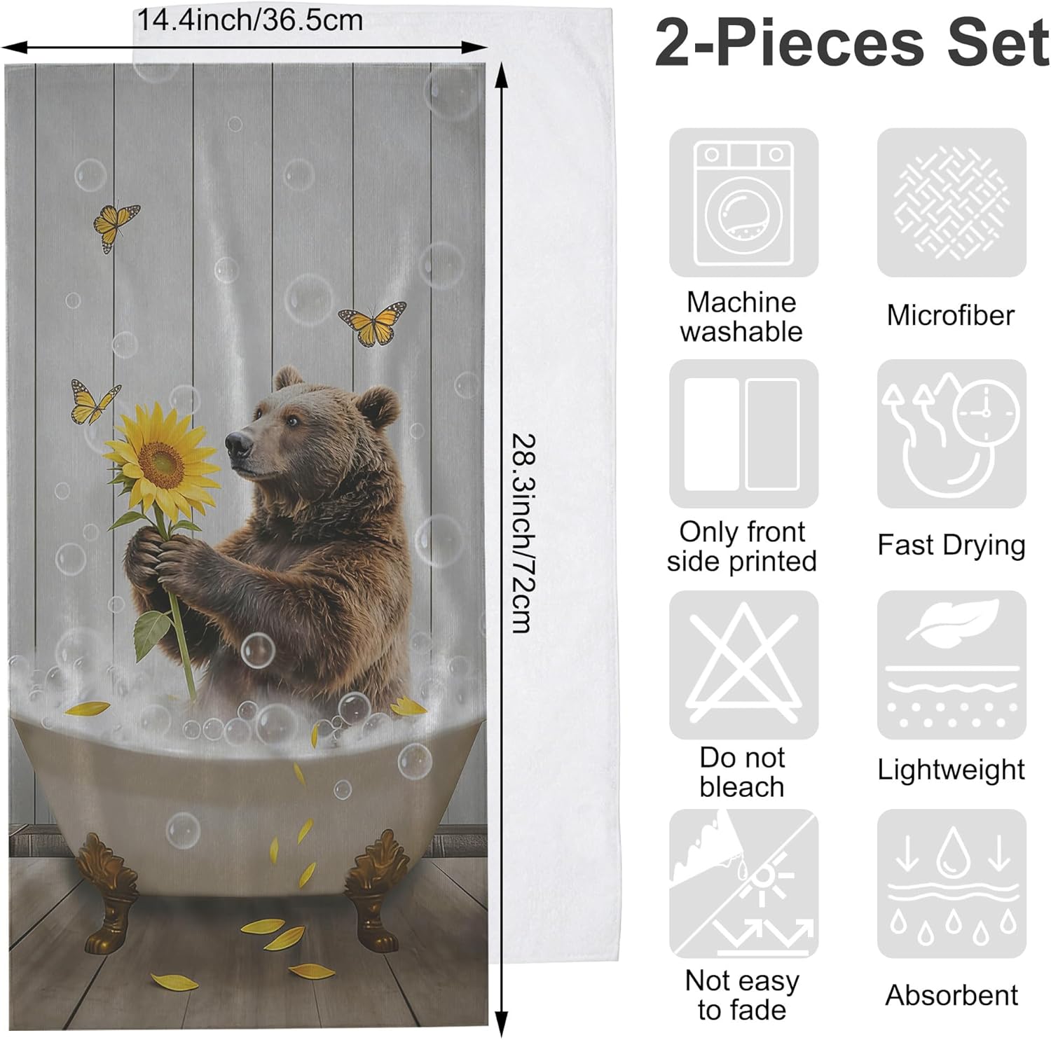 Brown Bears Hand Towels for Kitchen Bathroom 2 Pack Bath Towels 14.4"x28.3" Soft Absorbent Kitchen Towel for Home Kitchen Bathroom Decor - Image 2