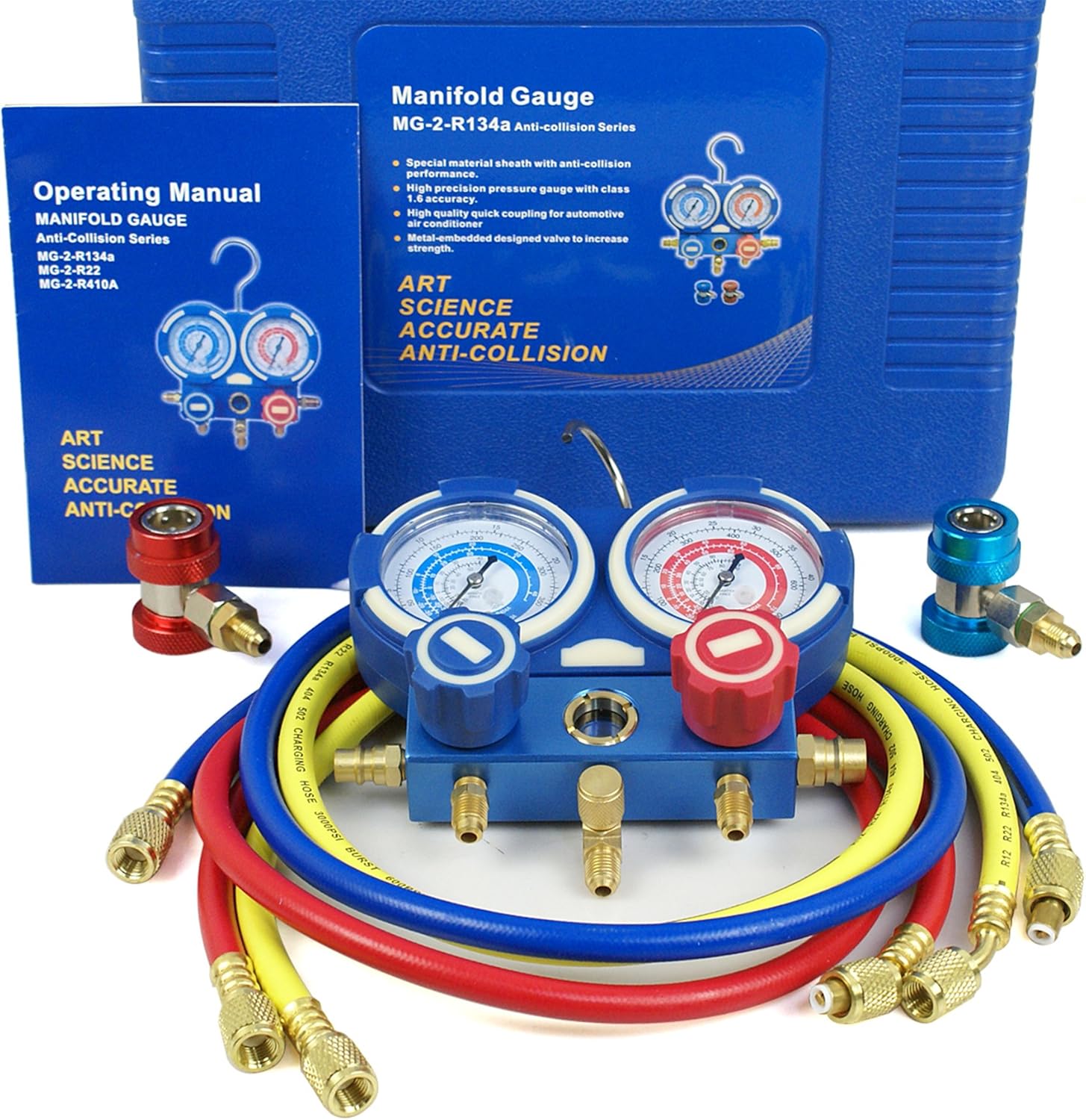 F2C HVAC A/C Refrigeration Kit AC Manifold Gauge Set Brass R134A Auto Service Kit w/ 5ft Colored Hoses, 1/4" SAE Fitting (Manifold Gauge)