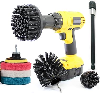 HUAWELL Drill Scrub Brush Set Cleaner Scrub Brush Set Scrub Pads with 6 Inch Extender Home Kitchen Bathroom - Toilet Brush Cleaning Supplies Grout Cleaner Ultra Black