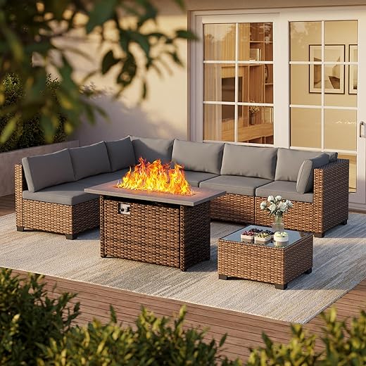 8 Pieces Outdoor Patio Furniture Set with 44.9" Fire Pit Table, All-Weather Wicker Outdoor Patio Sectional Set with Coffee Table, for Garden Backyard