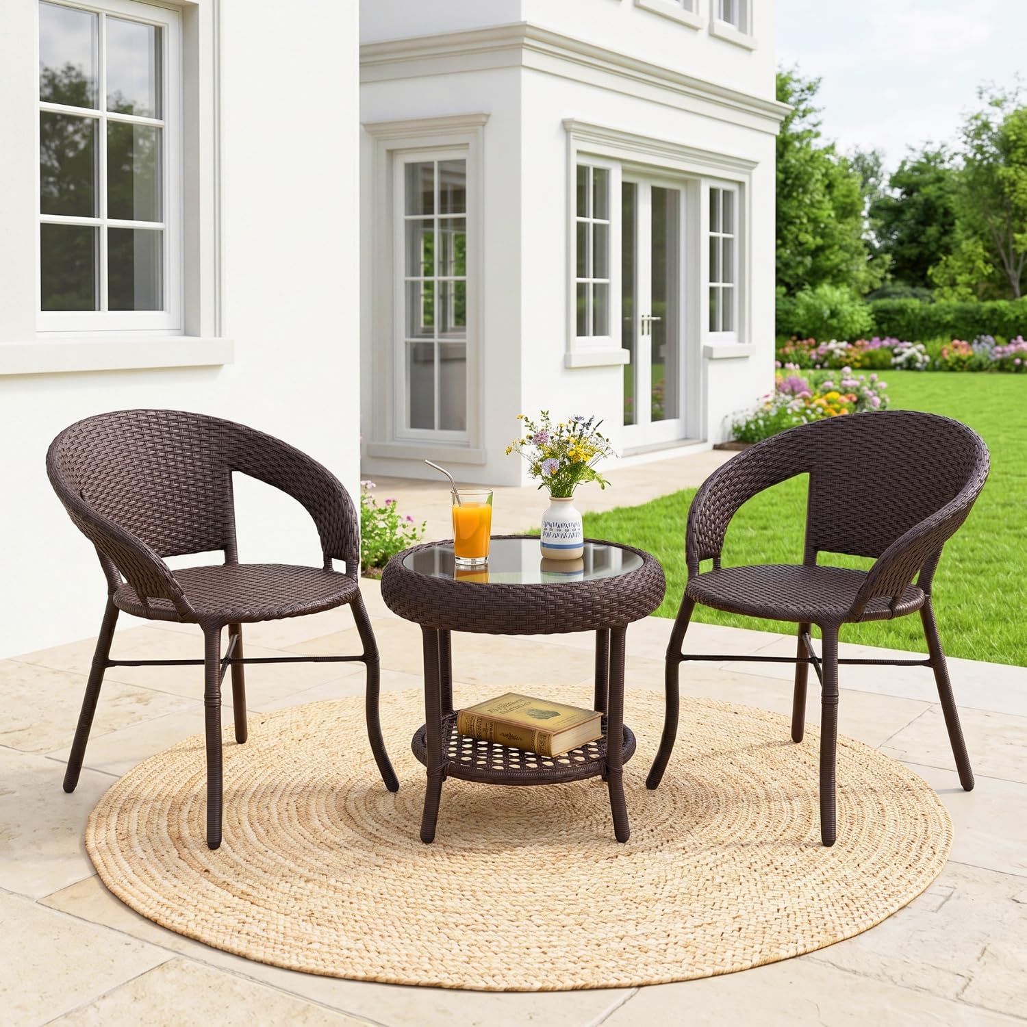 DEVOKO Table and Chairs Wicker Patio Furniture Sets, Outdoor Hdpe Rattan Bistro Set, Modern Front Porch Backyard Conversation Seating Set Balcony (Dark Brown, 76.2 Cm, 61 58.4 Cm)-image-28