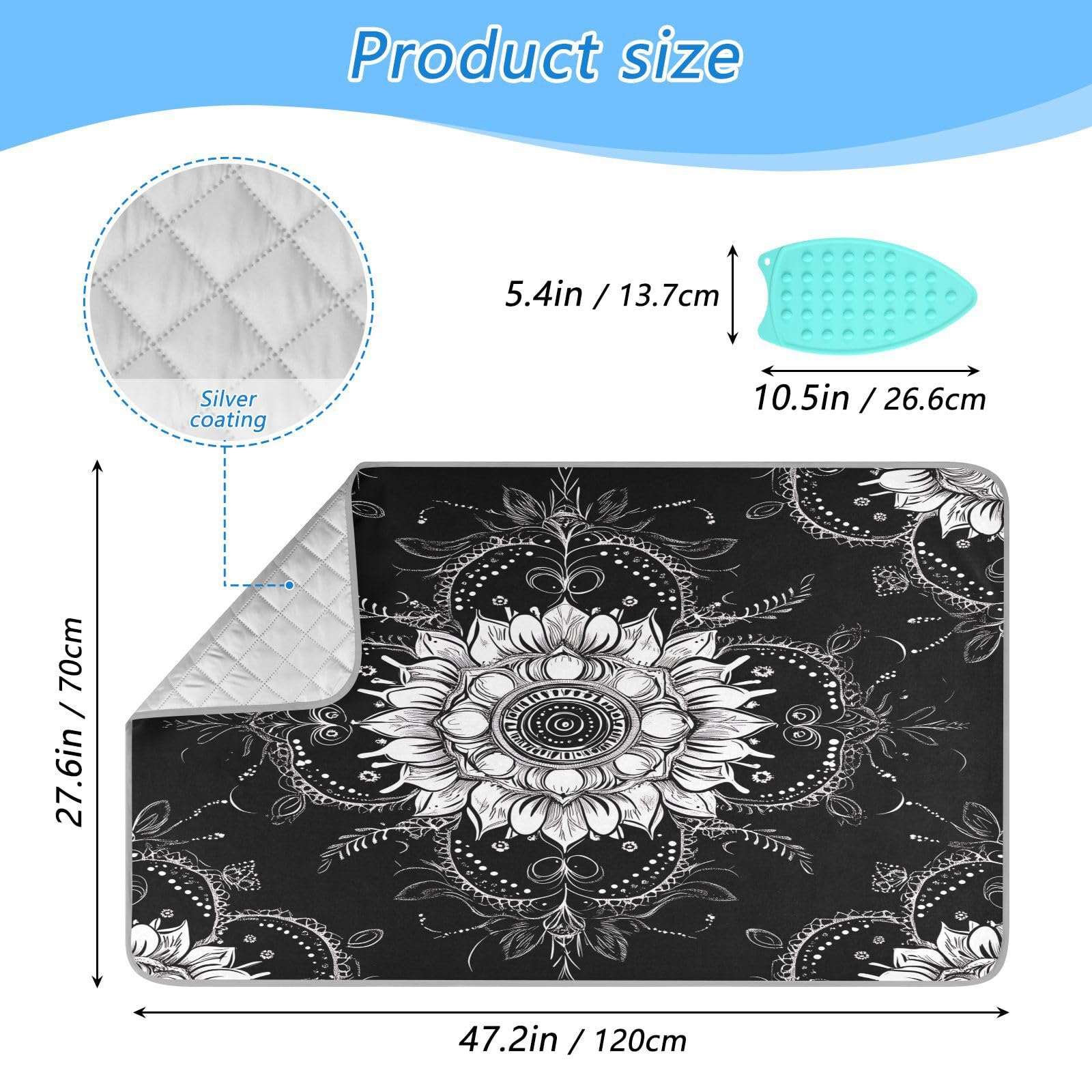pnyoin Portable Ironing Mat Magical White Flowers Travel Ironing Pad with Silicone Iron Rest for Steam Pressing on Tabletop or Bed Heat Resistant Portable Quilting & Travel Blanket