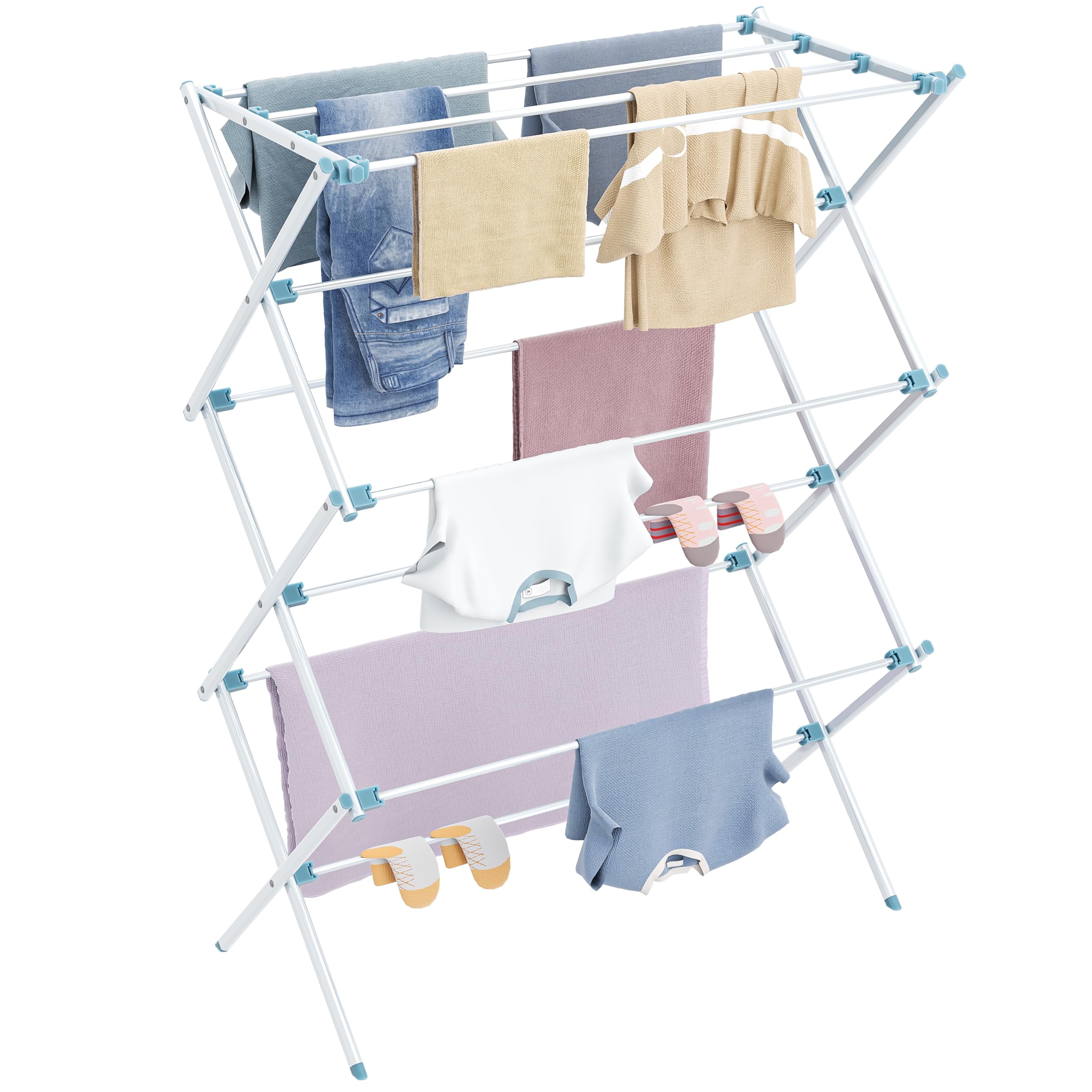 HOMIDEC Clothes Airer,3-Tier Foldable Clothes Drying Rack,Clothes Horse with 11 Thickened Poles Bearing Weight 20kg,Space Saving Clothes Dryer for Indoor Outdoor.Blue（73 * 37 * 115cm）