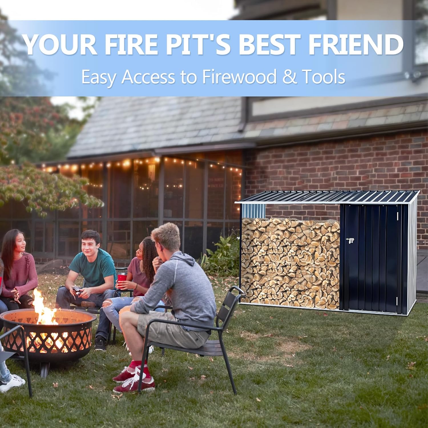 2-in-1 Metal Outdoor Storage Shed with Tool Locker & Firewood Storage, 8.17× 5.29 FT Firewood Shed - Weatherproof & Versatile, Steel Garden Sheds for Backyard Garden Patio Lawn - Dark Gray