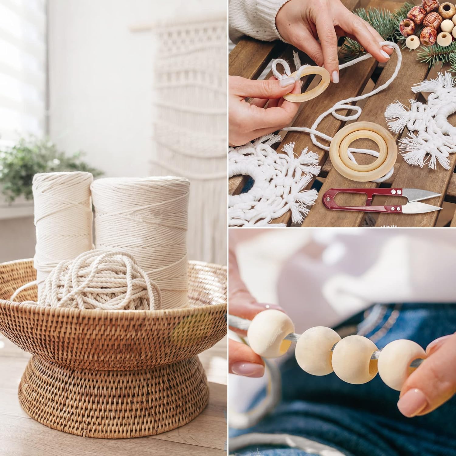 Hdviai 121Pcs Macrame Kit, Macrame Supplies 3mm x 109Yards Macrame Cord for Macrame Kits for Adults Beginners, with Accessories Like 100Pcs Beads and 10Pcs Wooden Rings for Macrame Plant Hanger Kit