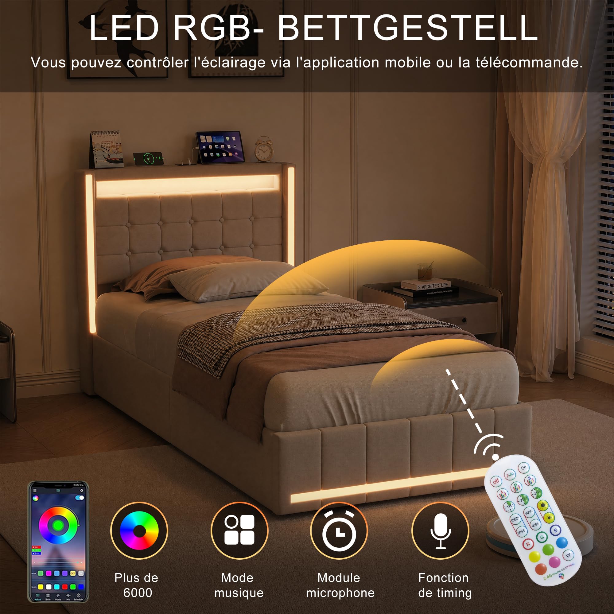 Cama baúl de 90 x 200 cm con LED y USB/Tipo C, cama doble acolchada 90x200 con almacenamiento hidráulico, marco de cama capitoné para 2 personas con somier de láminas, camas para adultos (Beige-D