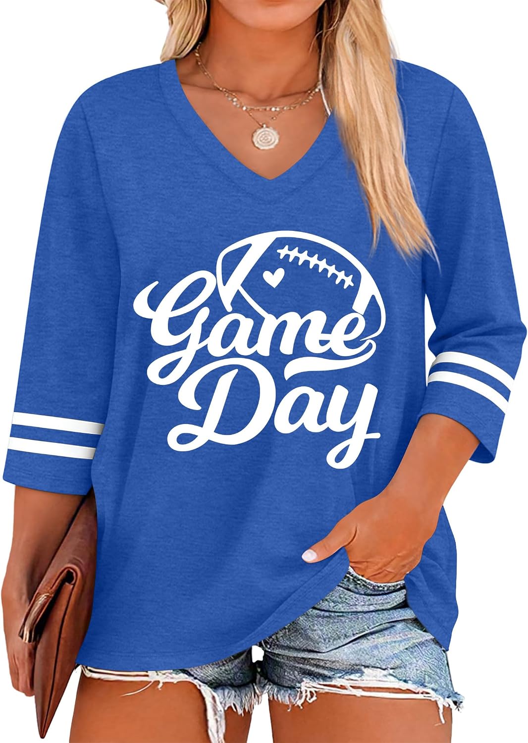 QAUN Womens Game Day Football T Shirts Plus Size 3/4 Sleeve V Neck Football Mom Tops Sunday Funday Gameday Tees