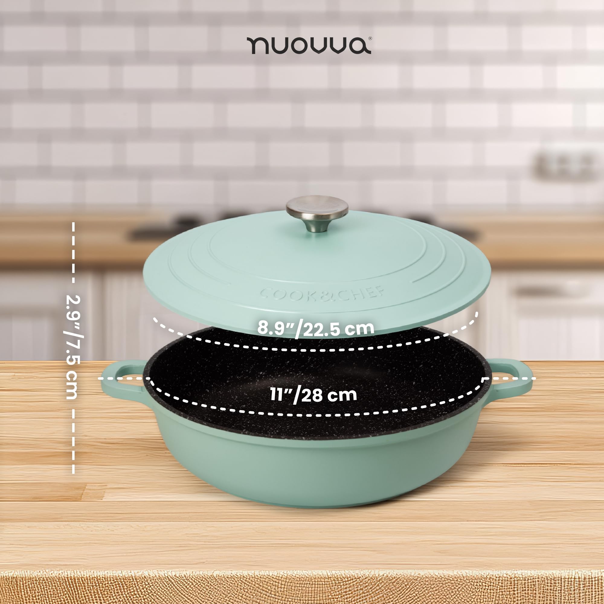 Teglia con coperchio, resistente al forno, antiaderente, piatta, per piani cottura a induzione, resistente al forno, pentola per zuppe in alluminio, 3,9 l, 28 cm, verde bluastro, Di Nuovva