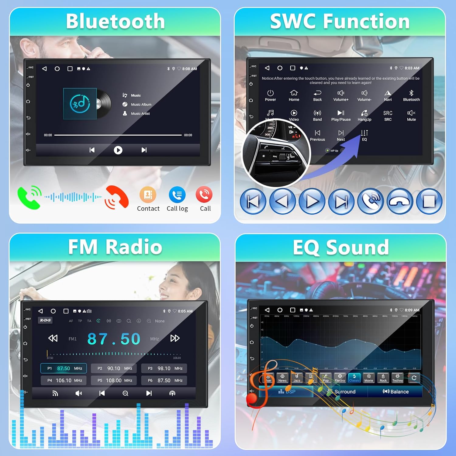 Bluetooth interface on the car stereo, showing music playback and call options.