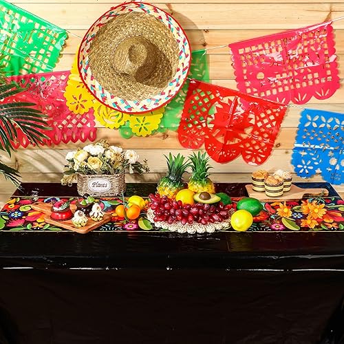 Miniatura 5 de Preboun Mantel de plástico mexicano y pancarta de papel picado mexicano, suministros de decoración de fiesta, cubierta de mesa para mesas