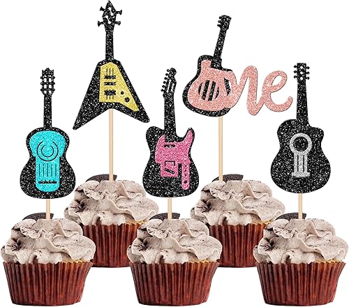 Paquete de 24 adornos para cupcakes de guitarra con purpurina para guitarra, instrumento musical, guitarra, primer cumpleaños, decoración de pastel
