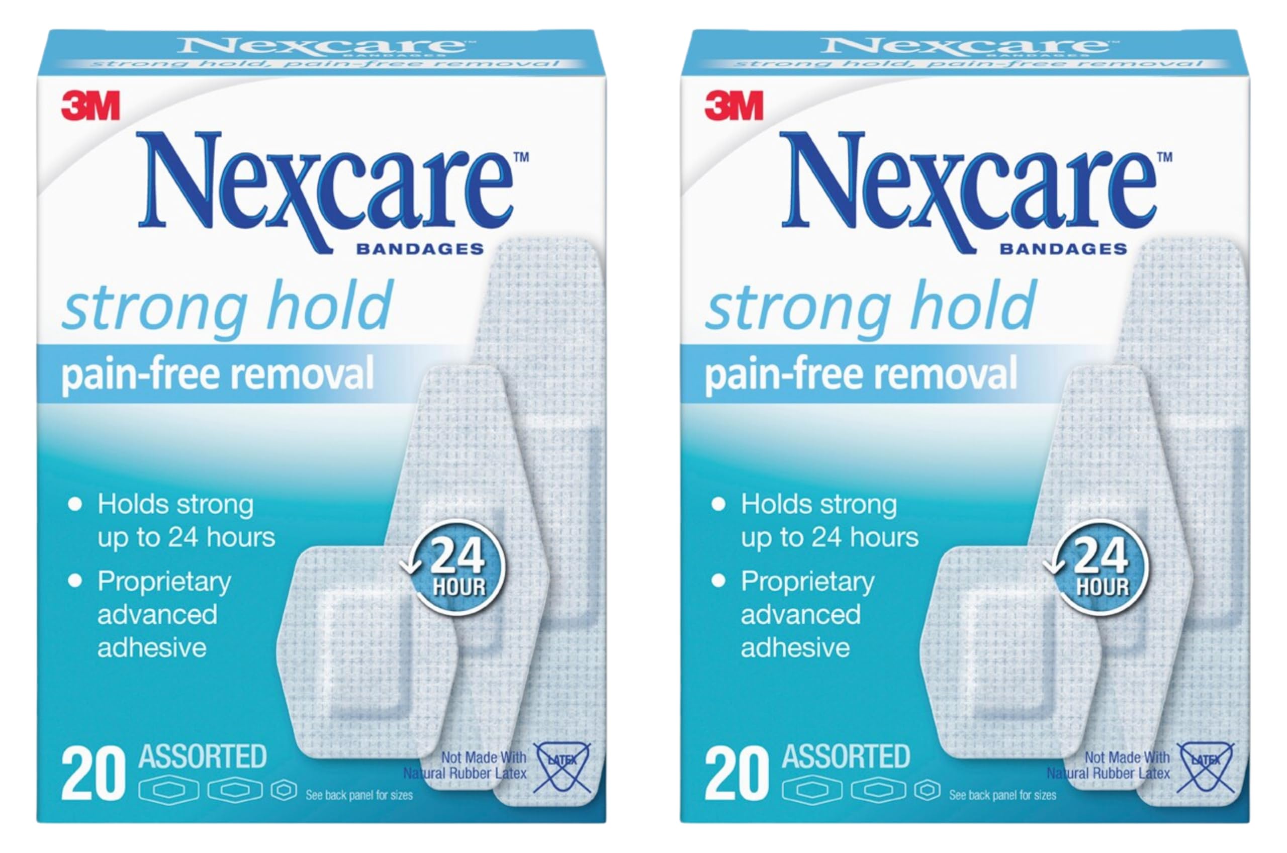 Nexcare Strong Hold Pain-Free Removal Bandages, Assorted Sizes, 20 Count (Pack of 2)
