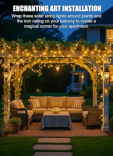 Miniatura 4 de Minetom Guirnalda de luces solares para exteriores, 33 pies, 100 luces LED solares para exteriores, 8 modos de luces de balcón para árbol, patio,