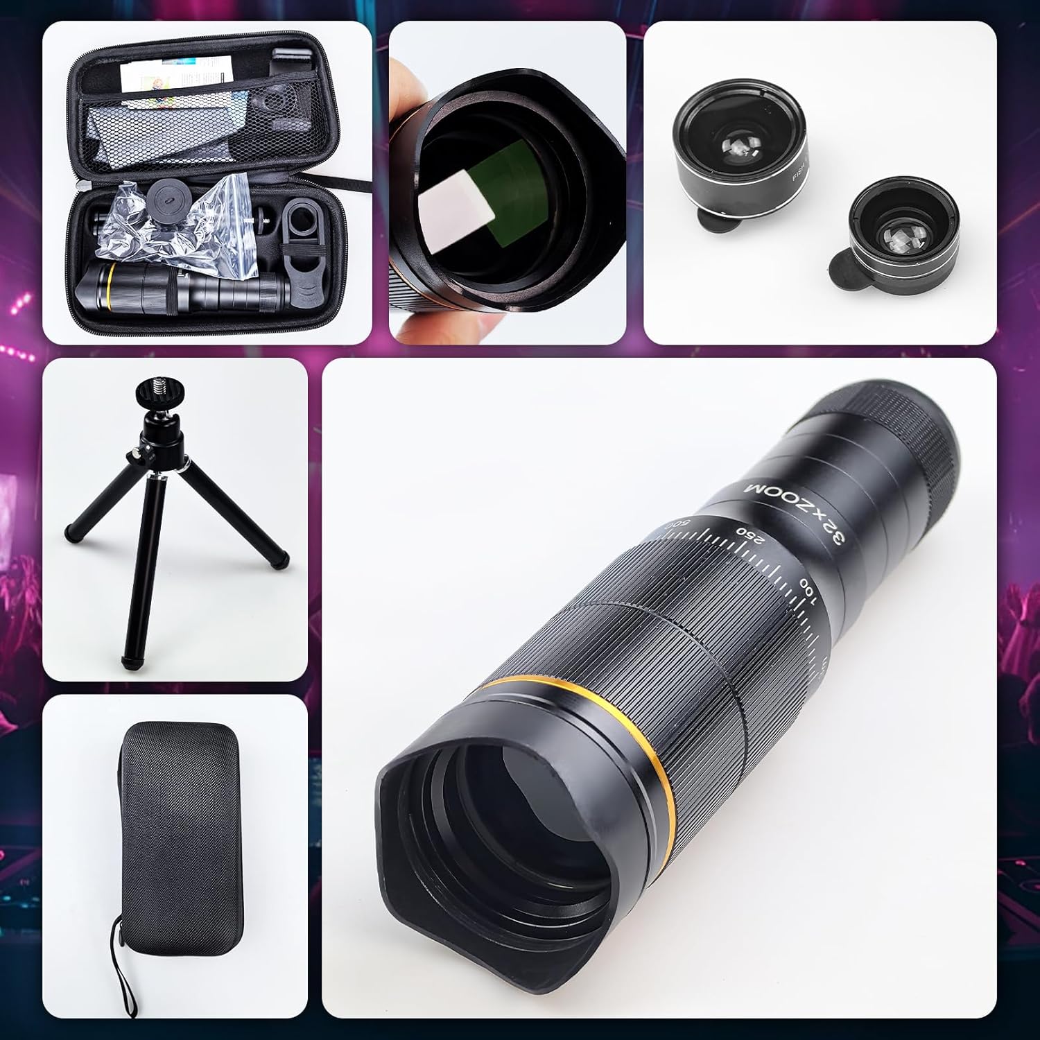 Phone Camera Lens Kit, 32X Long Focus Telephoto High Power HD Lens Wide Angle 0.63X Macro Fisheye 198° for Most Smartphones, Zoom Phone Camera Lens with E-Clip and Tripod for Picture Video Taking