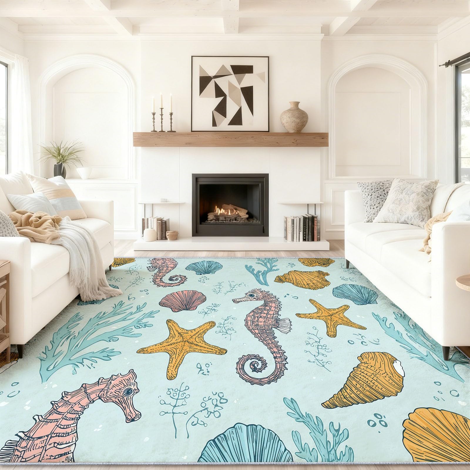 Tapis de salon scandinave bleu 60x90 cm avec hippocampe