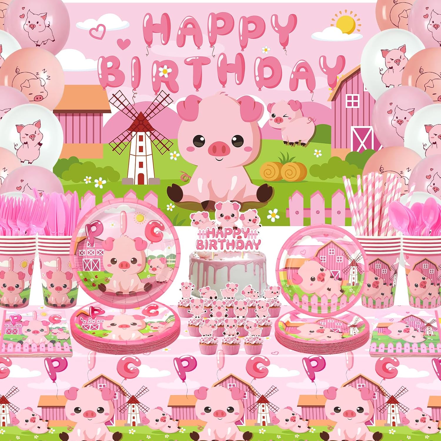 Pig Birthday Party Decorations - Pink Pig Party Supplies including Backdrop, Plate, Cake Topper, Cup, Napkin, Balloon, Tablecloth for Pig Party Decoration - Serves 20