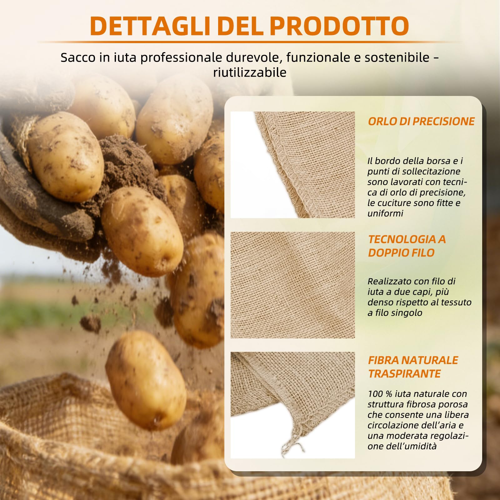 Sacchi di iuta naturale, per patate, doppio ritorto, 60 x 40 cm, confezione da 5