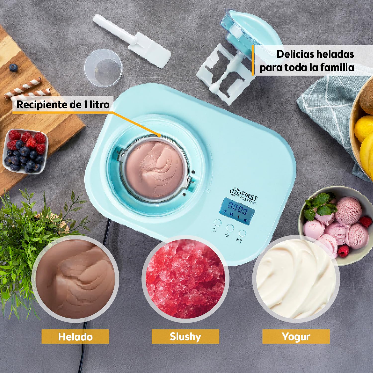 TZS First Austria - Heladera 1L con Compresor 3 en 1-100W Máquina de Helados Autorefrigerante para Yogur Helado, Sorbete y Crema - Turquesa