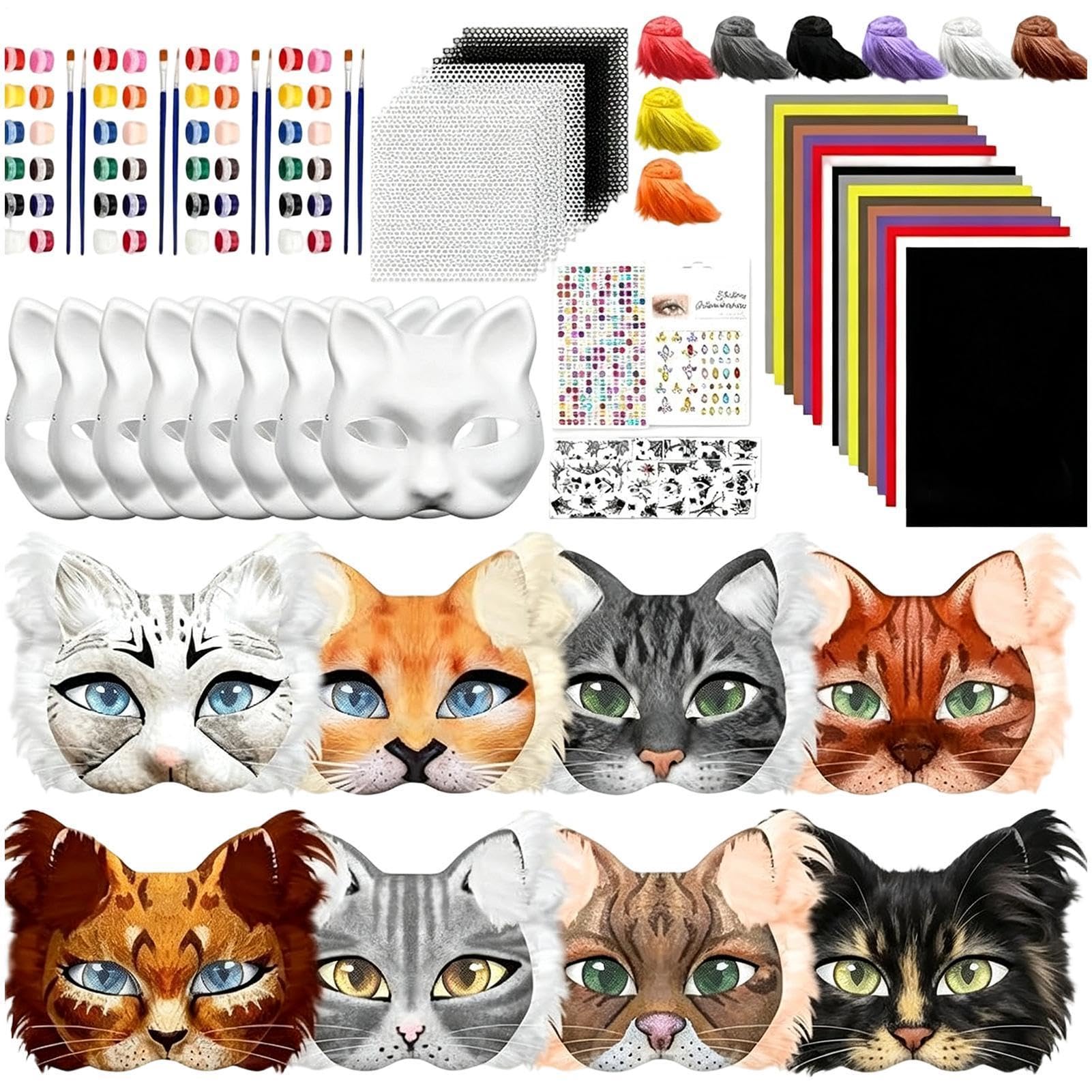 Gatto Maschera Vuota Da Colorare Con Colori, Rete Per Occhi, Baffi Adesivi | 124 Pezzi Kit Creativo Animali Per Feste Di Halloween, Natale, Carnevale, Ballo E Travestimenti