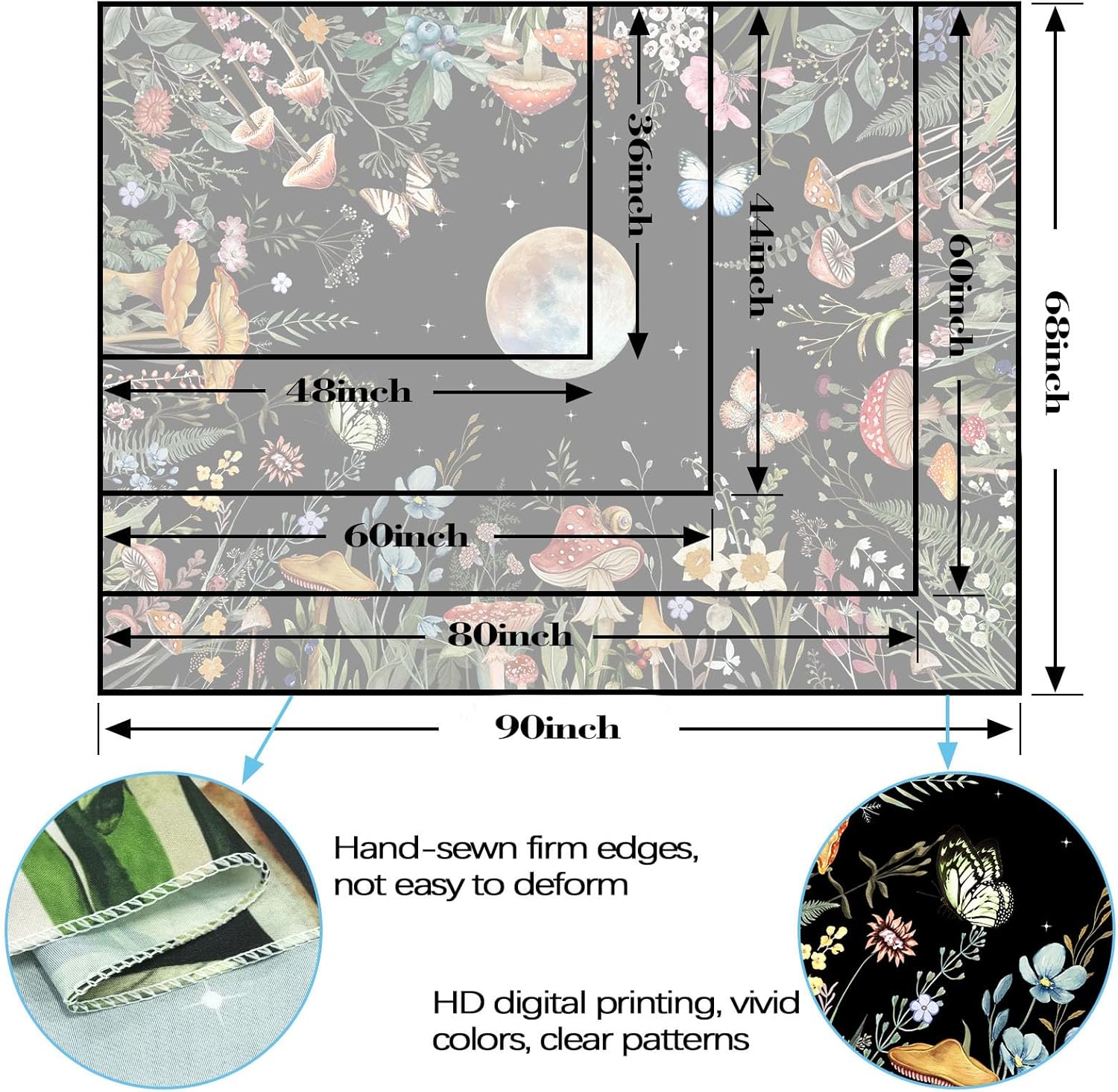 AMM Moon Garden Tapestry Moonlit Green Plant Botanical Mushroom Flowers Tapestry Wall Hanging Black Nature Floral Butterfly Aesthetic Tapestries for Bedroom Dorm Living Room (90'' × 68'')