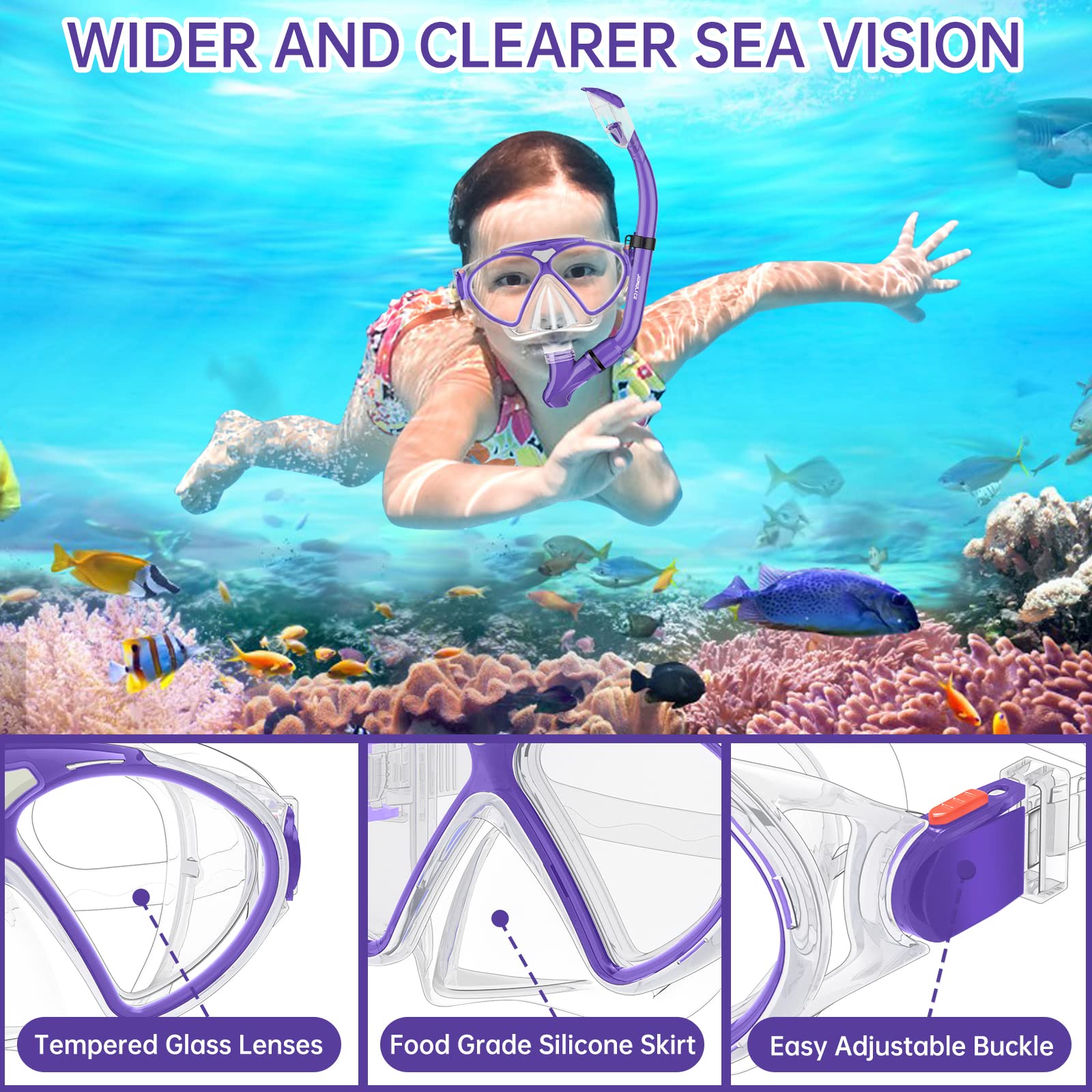JEMULICE Maschera Subacquea Bambini, Set da Snorkeling per Bambini con Tubi a Secco e Occhiali da Snorkeling Anti-Fog Panoramica a 180 Gradi, Snorkel Set, Maschera Snorkeling per Bambino e Adolescenti
