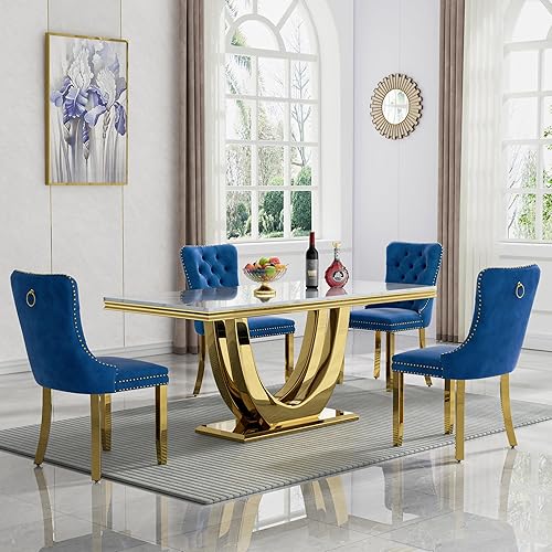 Miniatura 38 de Juego de mesa de comedor de mármol de 9 piezas para mesa de comedor grande de mármol blanco de 8 y 94 pulgadas con base de acero inoxidable en forma