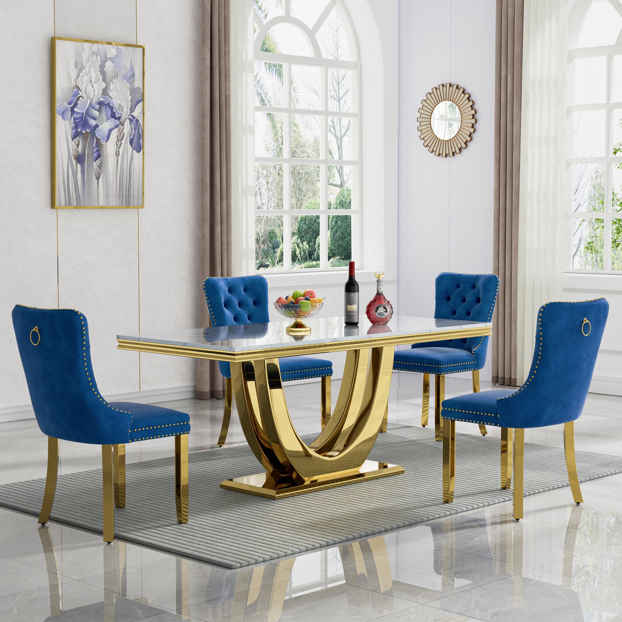 68" Marble Dining Table Set for 4, Luxury White Gold Kitchen Table with 4 Blue Velvet Dining Chairs Modern Fuax Marble 5-Piece Dining Room Table Set for 4 w/Stainless Steel Base